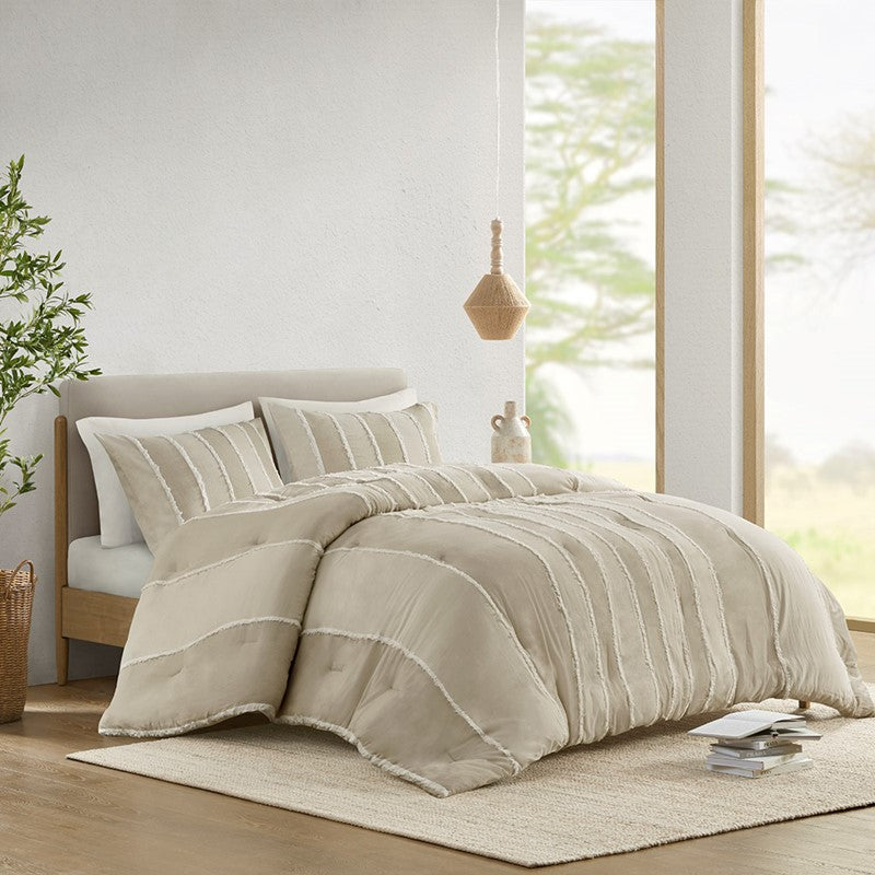 Shay 3 Piece Striped Cotton Comforter Set | Coastal Comforter Set | Taupe