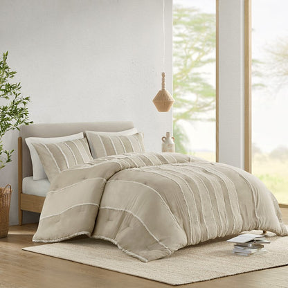 Shay 3 Piece Striped Cotton Comforter Set | Coastal Comforter Set | Taupe