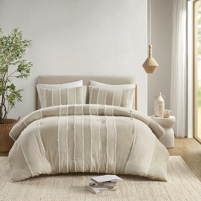 Shay 3 Piece Striped Cotton Comforter Set | Coastal Comforter Set | Taupe