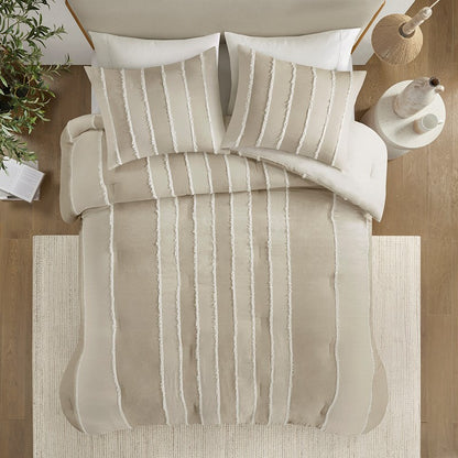 Shay 3 Piece Striped Cotton Comforter Set | Coastal Comforter Set | Taupe
