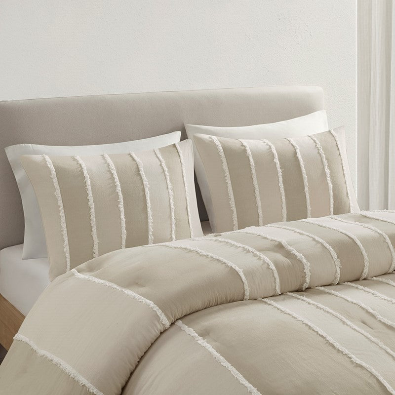 Shay 3 Piece Striped Cotton Comforter Set | Coastal Comforter Set | Taupe