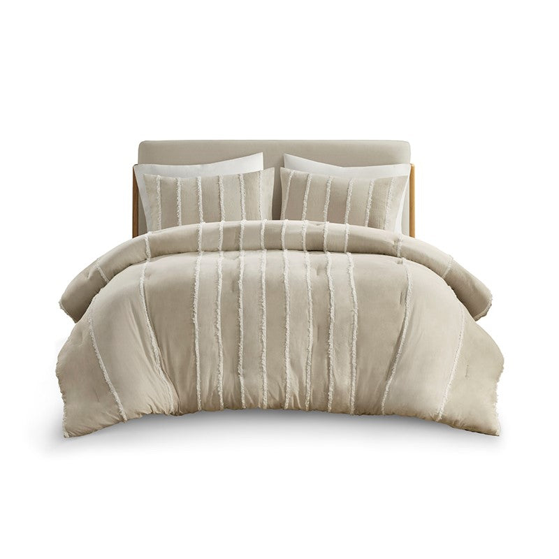 Shay 3 Piece Striped Cotton Comforter Set | Coastal Comforter Set | Taupe
