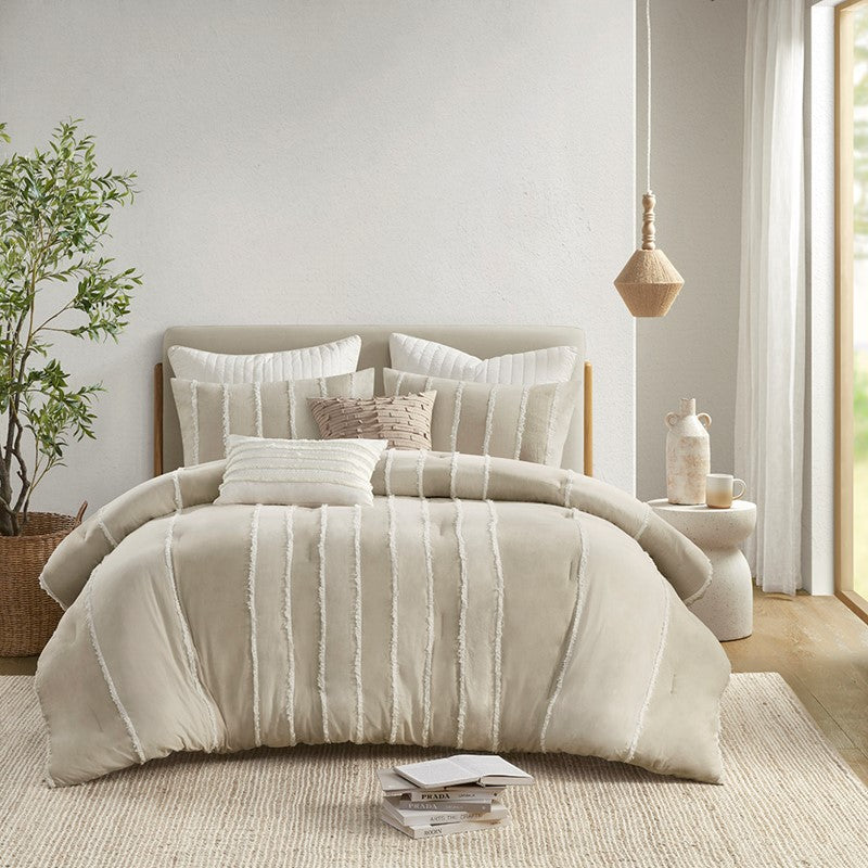 Shay 3 Piece Striped Cotton Comforter Set | Coastal Comforter Set | Taupe