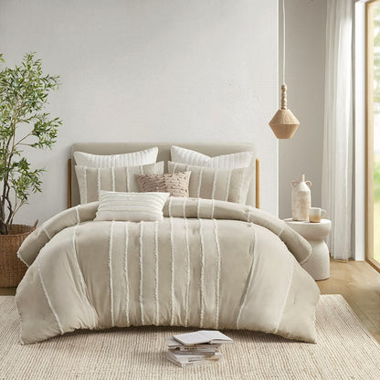 Shay 3 Piece Striped Cotton Comforter Set | Coastal Comforter Set | Taupe