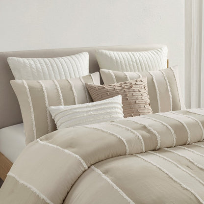 Shay 3 Piece Striped Cotton Comforter Set | Coastal Comforter Set | Taupe
