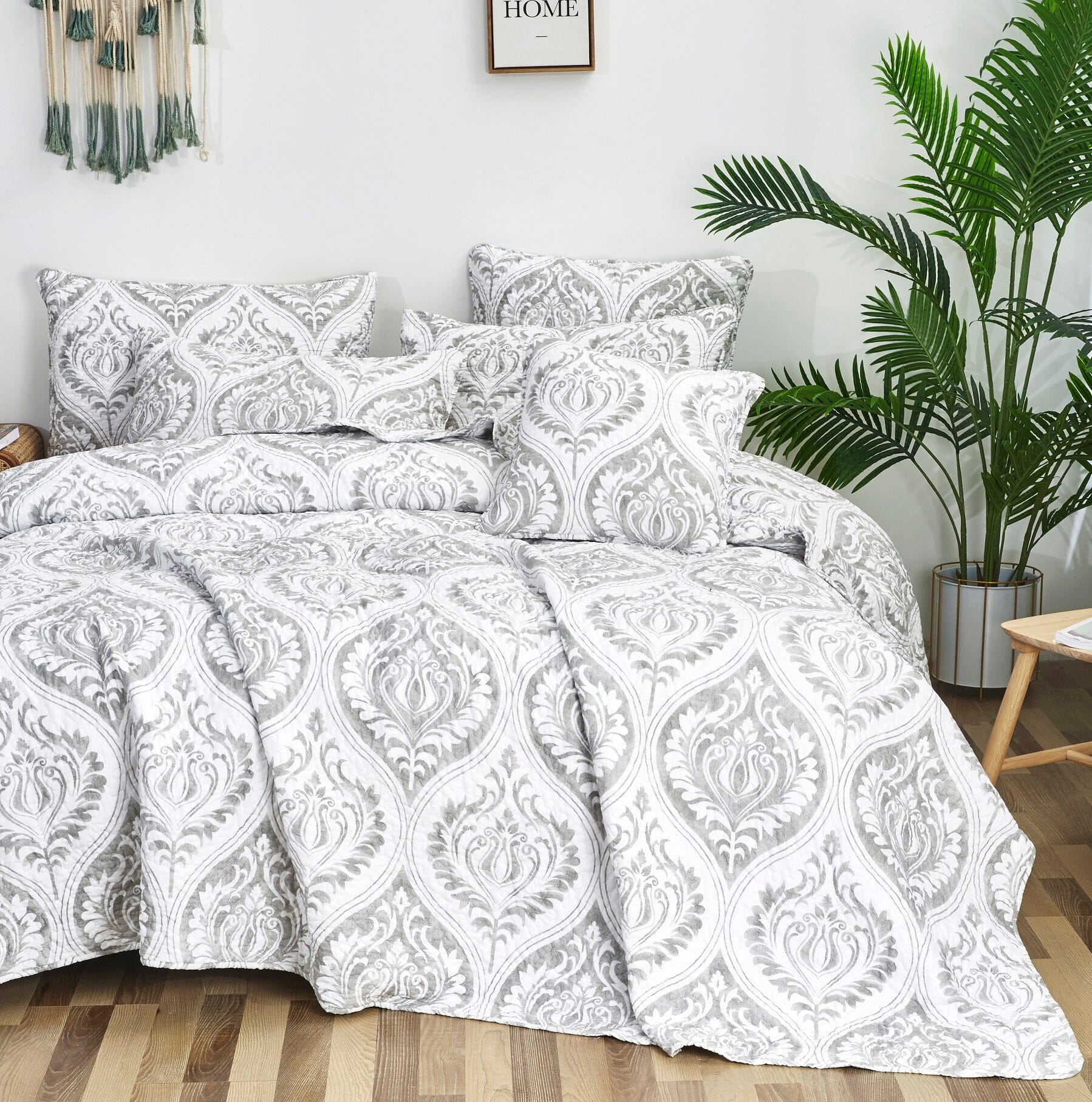 Tache Dreamy Moon Sky Ogee Damask Heather Grey White Quilt Set (TB300) - Tache Home Fashion