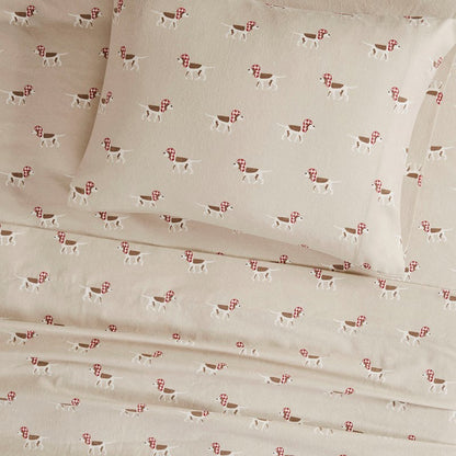 Woolrich 100% Cotton Printed Flannel Sheet Set - Tan Dogs