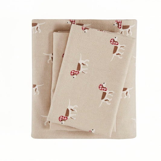 Woolrich 100% Cotton Printed Flannel Sheet Set - Tan Dogs