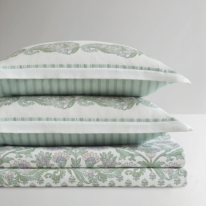 Tilly Coastal Cottage Reversible Duvet Cover Set | 3-Piece | Green