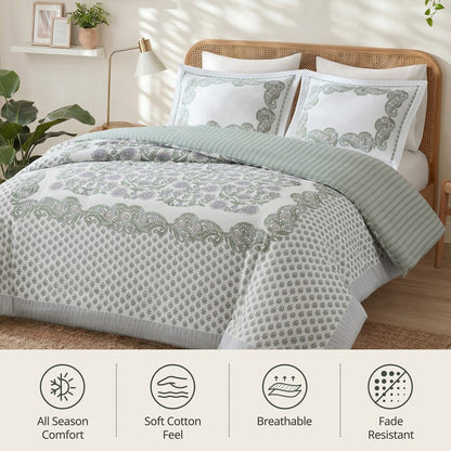 Tilly Coastal Cottage Reversible Duvet Cover Set | 3-Piece | Green