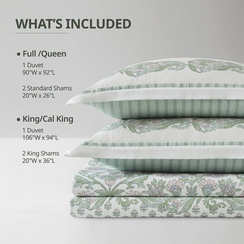 Tilly Coastal Cottage Reversible Duvet Cover Set | 3-Piece | Green