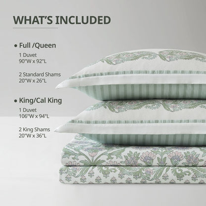 Tilly Coastal Cottage Reversible Duvet Cover Set | 3-Piece | Green