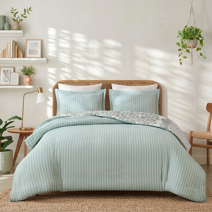 Tilly Coastal Cottage Reversible Duvet Cover Set | 3-Piece | Green