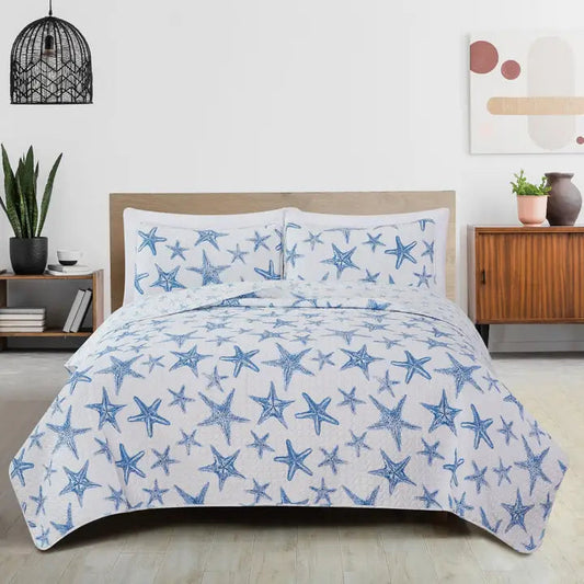 Trinidad Collection Coastal Blue Sea Star Quilt Set 3PC - Quahog Bay Bedding