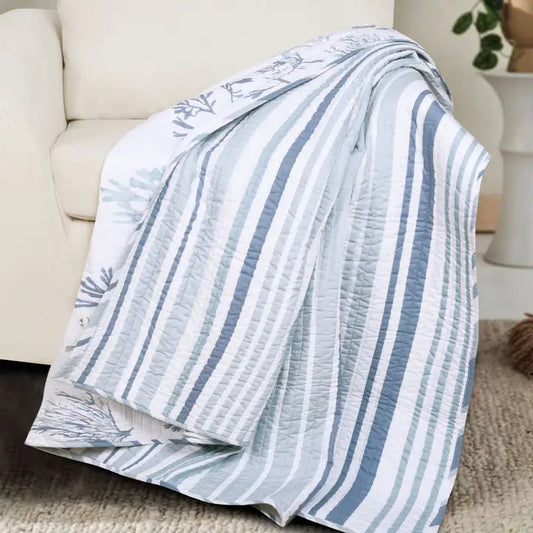 Truro Stripe Quilted Throw Coastal Bedding Throw Blankets - Blue