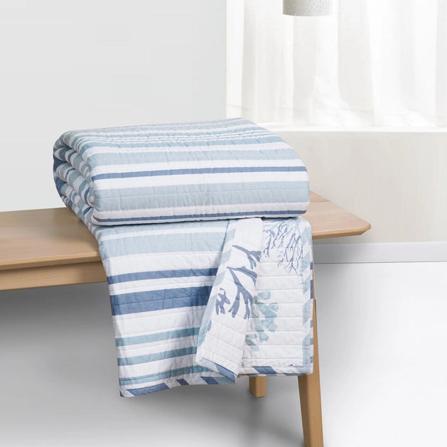 Truro Stripe Quilted Throw Coastal Bedding Throw Blankets - Blue