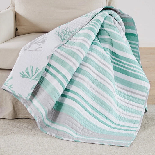 Truro Stripe Quilted Throw Coastal Bedding Throw Blankets - Spa Blue