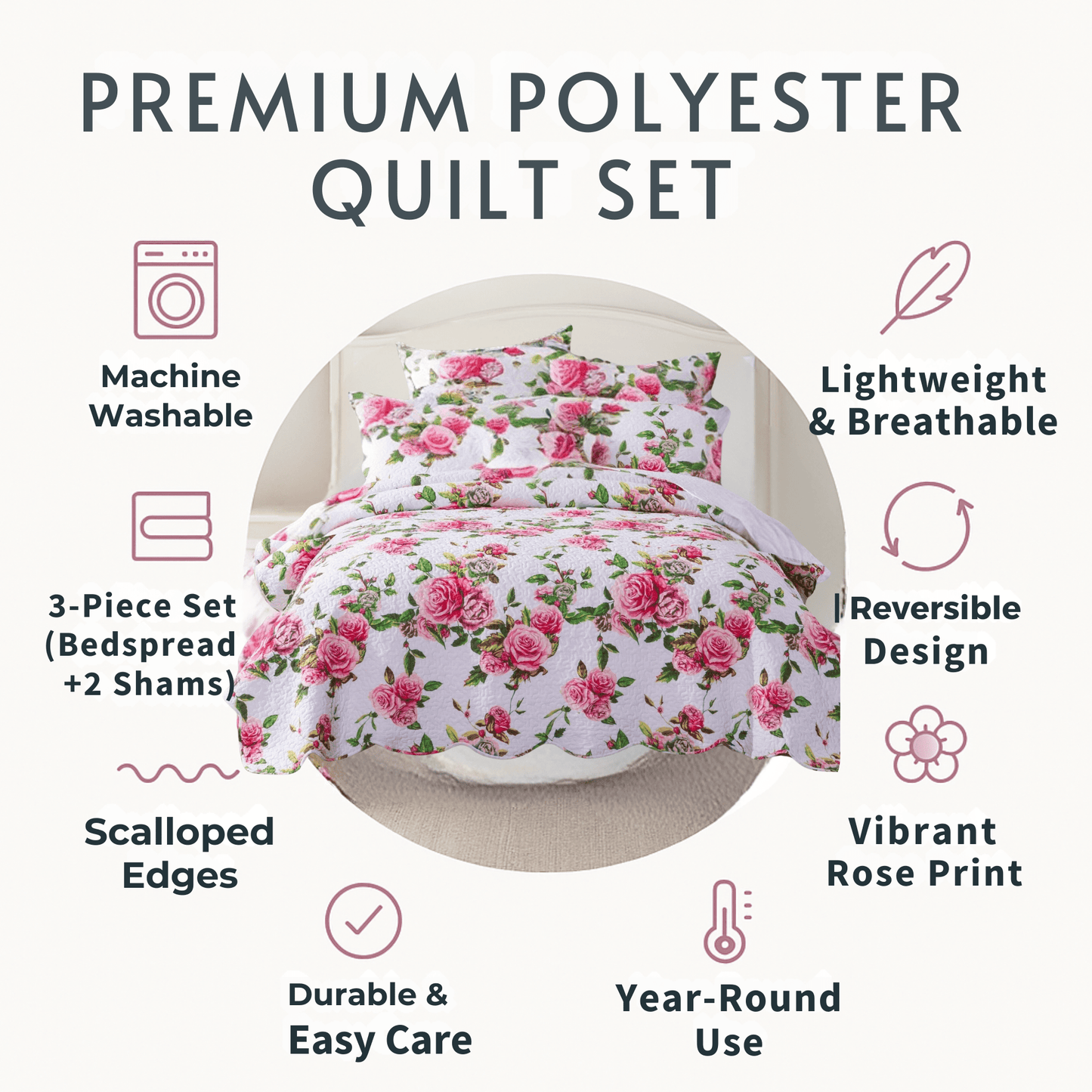 DaDa Bedding Romantic Roses Lovely Spring Pink Floral Quilted Scalloped Bedspread Set (JHW879) by DaDa Bedding Collection