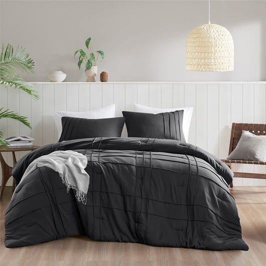Walker Soft Washed Pleated Comforter Set - Black