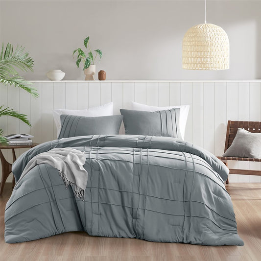 Walker Soft Washed Pleated Comforter Set - Blue/Grey