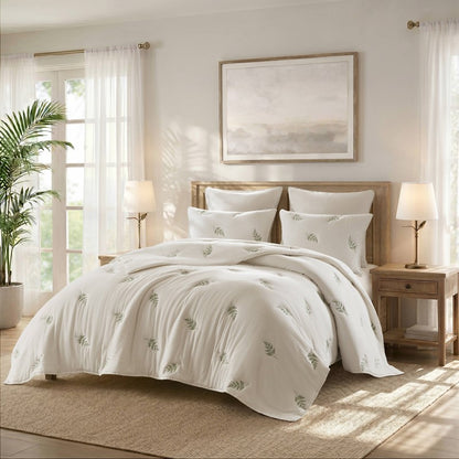 Willow Embroidered Botanical 100% Cotton Lightweight Quilt Set | White & Sage