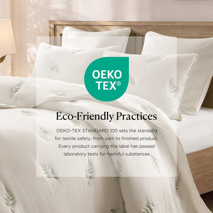 Willow Embroidered Botanical 100% Cotton Lightweight Quilt Set | White & Sage