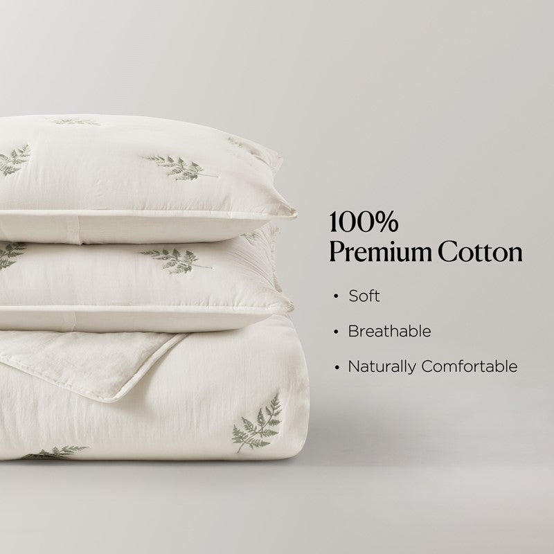 Willow Embroidered Botanical 100% Cotton Lightweight Quilt Set | White & Sage