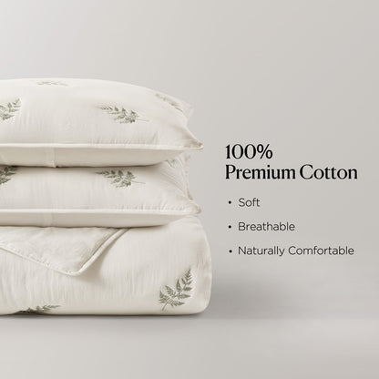 Willow Embroidered Botanical 100% Cotton Lightweight Quilt Set | White & Sage