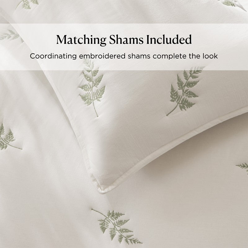 Willow Embroidered Botanical 100% Cotton Lightweight Quilt Set | White & Sage