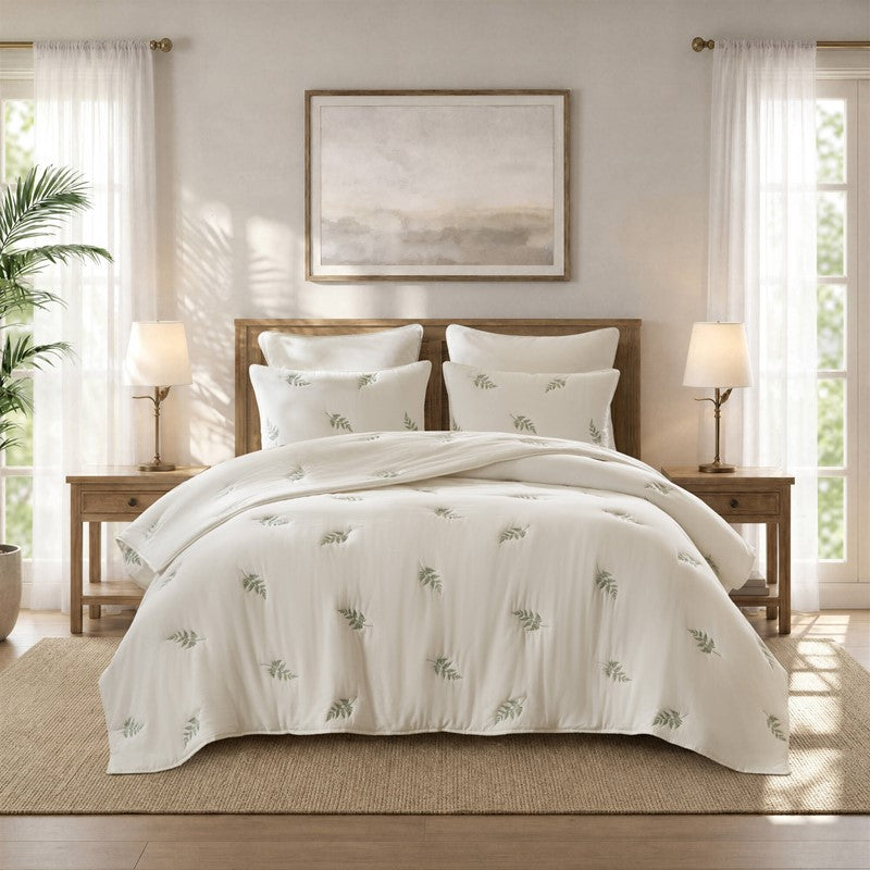 Willow Embroidered Botanical 100% Cotton Lightweight Quilt Set | White & Sage
