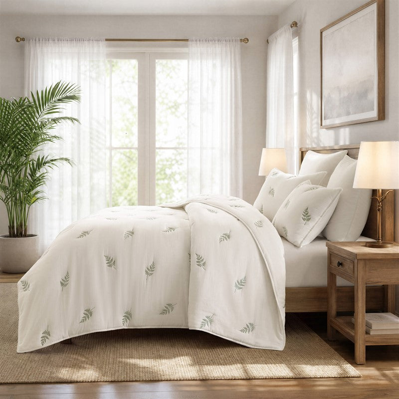 Willow Embroidered Botanical 100% Cotton Lightweight Quilt Set | White & Sage