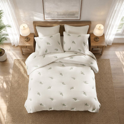 Willow Embroidered Botanical 100% Cotton Lightweight Quilt Set | White & Sage