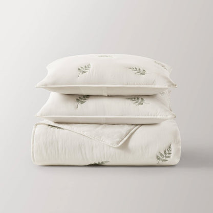 Willow Embroidered Botanical 100% Cotton Lightweight Quilt Set | White & Sage