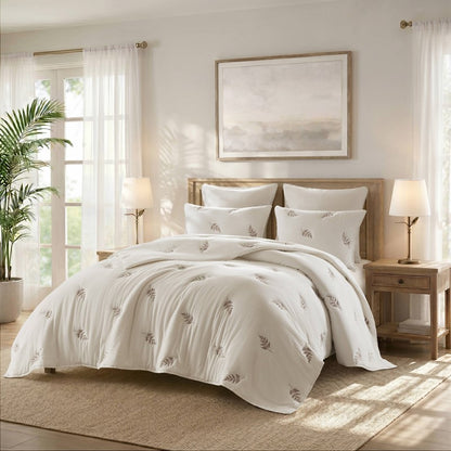 Willow Embroidered Botanical 100% Cotton Lightweight Quilt Set | White & Grey