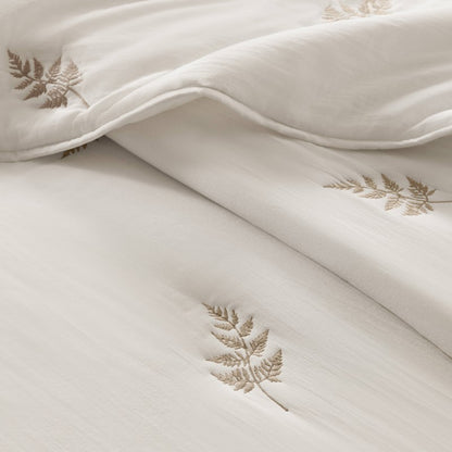 Willow Embroidered Botanical 100% Cotton Lightweight Quilt Set | White & Grey