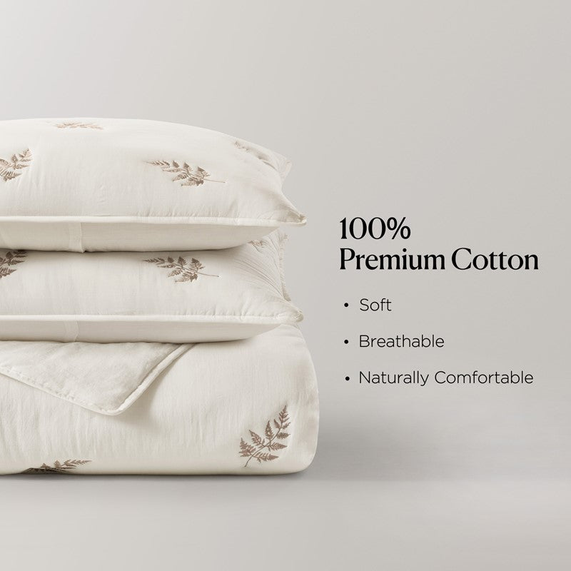 Willow Embroidered Botanical 100% Cotton Lightweight Quilt Set | White & Grey