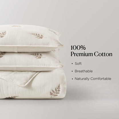 Willow Embroidered Botanical 100% Cotton Lightweight Quilt Set | White & Grey