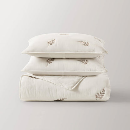 Willow Embroidered Botanical 100% Cotton Lightweight Quilt Set | White & Grey