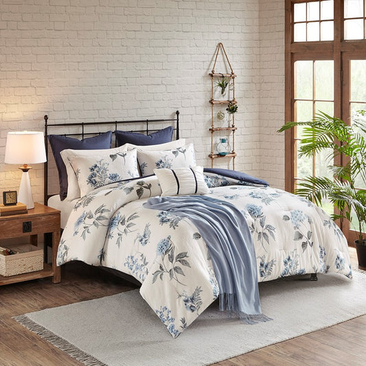 Zennia 7PC Farmhouse Floral Comforter Set with Throw Blanket - Blue