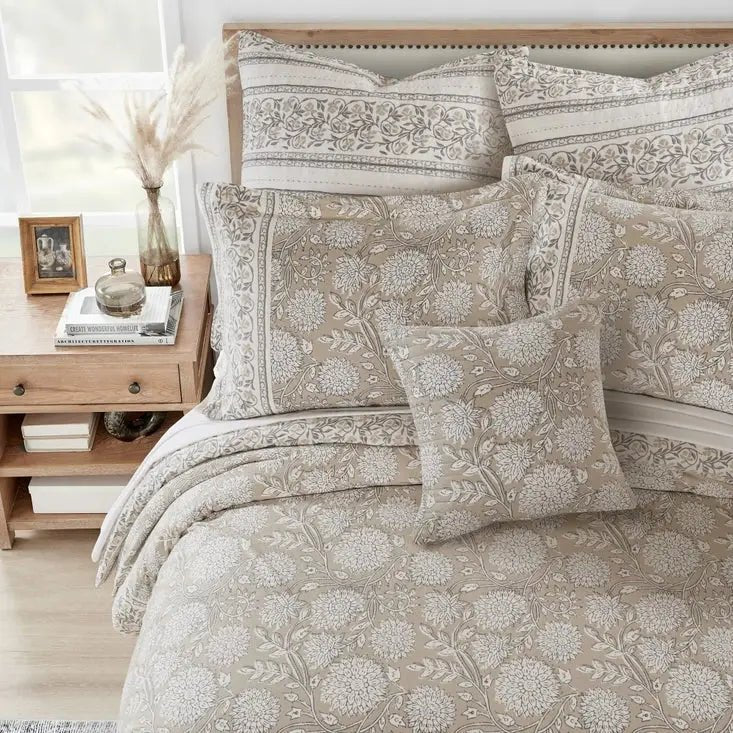 Adare Coastal Floral Comforter Set - Sophisticated Traditional Design - Taupe - Quahog Bay Bedding