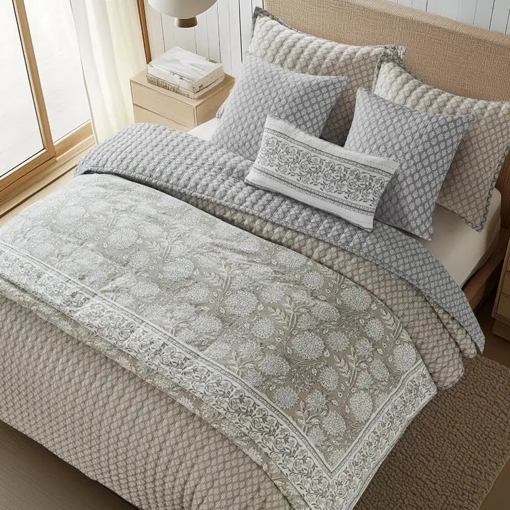 Adare Coastal Floral Comforter Set - Sophisticated Traditional Design - Taupe - Quahog Bay Bedding