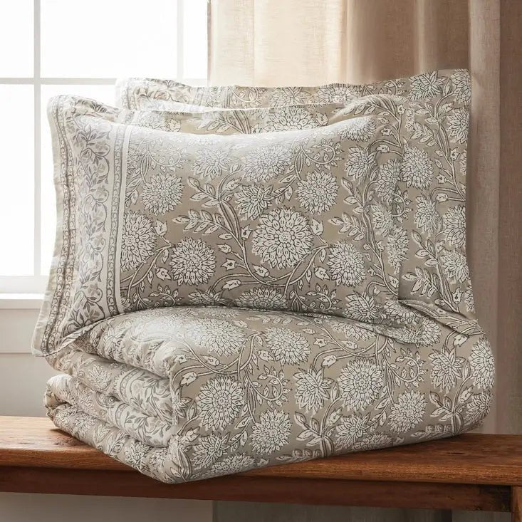 Adare Coastal Floral Comforter Set - Sophisticated Traditional Design - Taupe - Quahog Bay Bedding