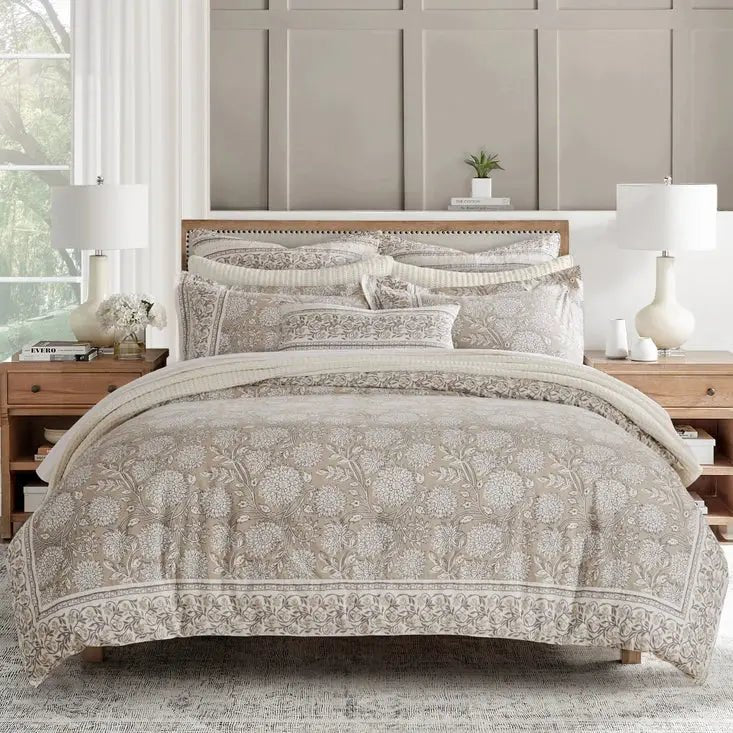 Adare Coastal Floral Comforter Set - Sophisticated Traditional Design - Taupe - Quahog Bay Bedding