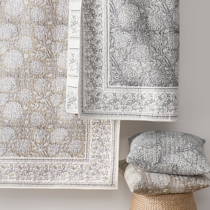 Adare Coastal Floral Quilt Set - Grey - Quahog Bay Bedding