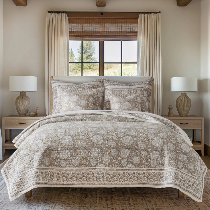 Adare Coastal Floral Quilt Set - Taupe - Quahog Bay Bedding