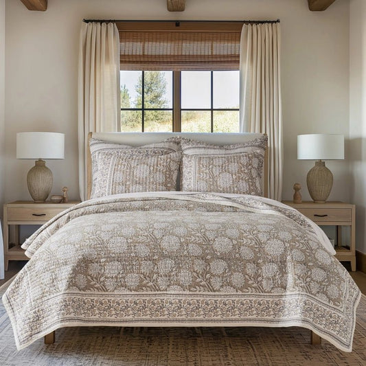 Adare Coastal Floral Quilt Set - Taupe - Quahog Bay Bedding