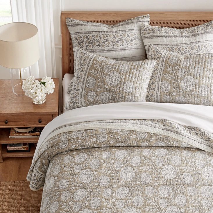 Adare Coastal Floral Quilt Set - Taupe - Quahog Bay Bedding