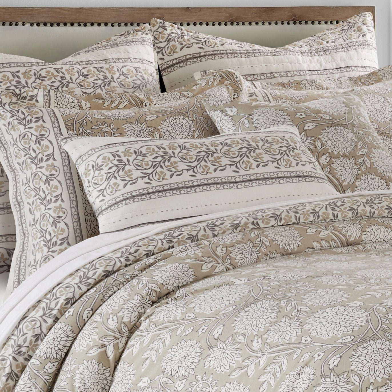 Adare Taupe Quilted Rectangle Pillow Floral  Pillow - Quahog Bay Bedding