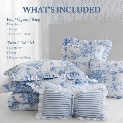 Adele Comforter Set with Decorative Pillows - Coastal Floral Comforter Set - Blue - Quahog Bay Bedding