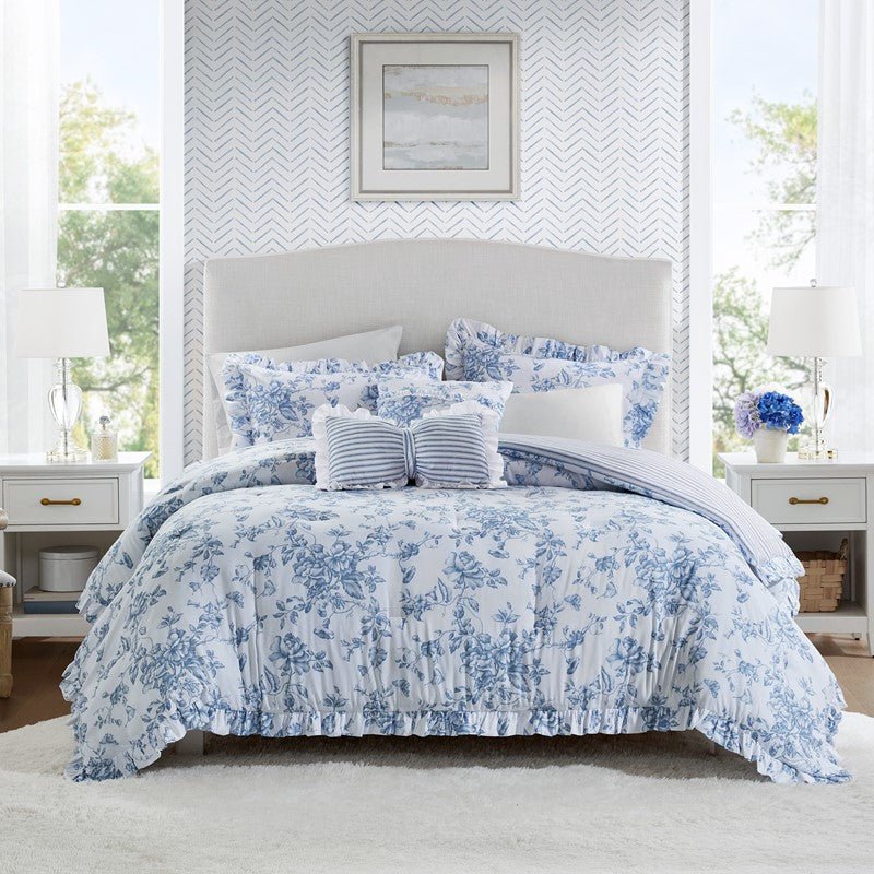Adele Comforter Set with Decorative Pillows - Coastal Floral Comforter Set - Blue - Quahog Bay Bedding